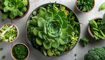 A vibrant collection of fresh green vegetables and succulent plants artfully arranged in bowls, showcasing a healthy and natural bounty