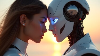 Futuristic Human and AI Robot Emotional Connection Concept at Sunset