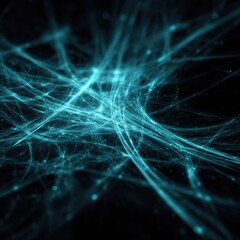 Cyan glowing network strands create a modern abstract pattern against a dark background