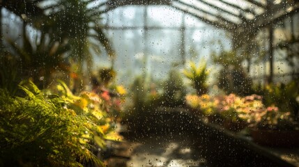 Winter greenhouse with plants and warm condensation on glass