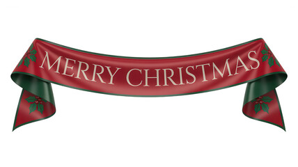 Merry christmas banner ribbon with holly decoration, festive holiday greeting text on red fabric scroll isolated on transparent background