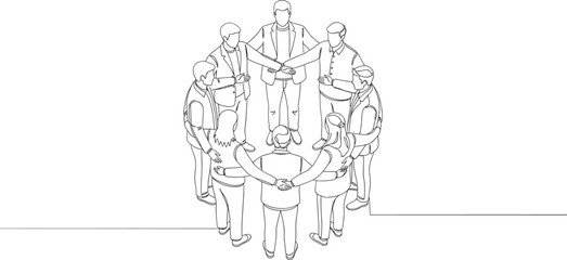 Modern continuous line art vector illustration of a diverse group of people standing in a circle representing teamwork unity community and professional partnership. © Mohammad
