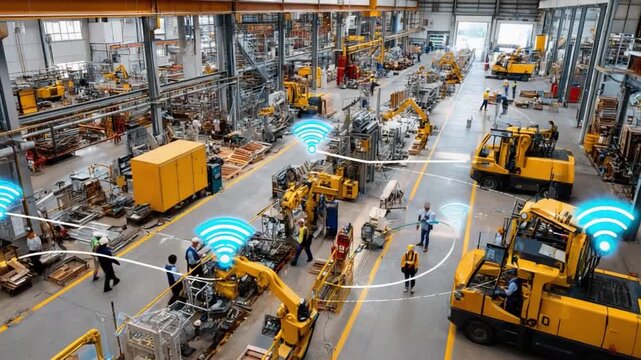 Smart Industry in Operation: An overhead perspective of a modern industry operation, with machines, and workers connected through wireless network and producing yellow heavy machines.