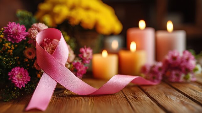 Pink Ribbon with Candles and Flowers for Cancer Awareness - Powered by Adobe