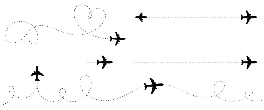 Airplane route with dotted flight path and flying plane symbol featuring twisted, curved, straight, and heart shaped dashed trace lines for travel concept vector illustration.