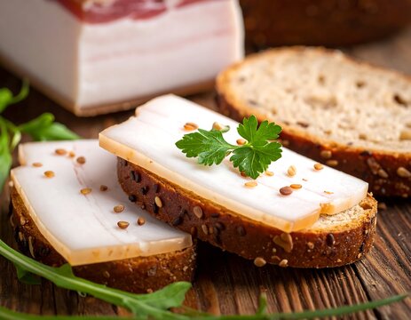 Slices of cured fatback with greenery on seeded bread