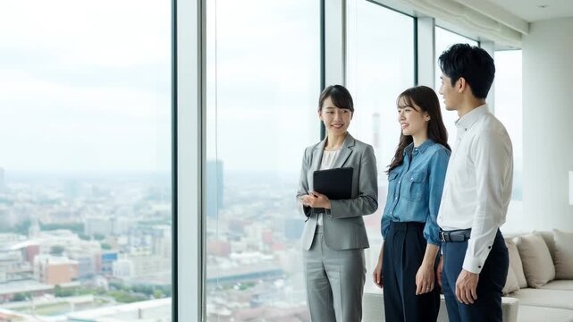 タワマンに内覧に来た夫婦と女性営業マン