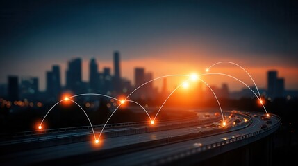 Vibrant cityscape at sunset with glowing highway connections