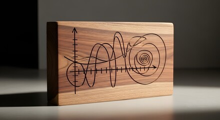 Complex mathematical graphs, including sine waves and spirals, intricately etched onto a rustic wooden block, representing scientific principles and abstract data