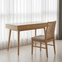 Wooden Desk and Chair in Bright Room wooden chair gray cushion