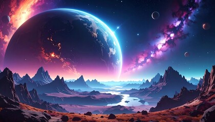 A fantastical cosmic landscape featuring a giant planet and galaxies