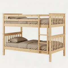 Light wood bunk bed with brown bedding pillows white background