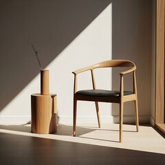 Wooden Chair and Decorative in Room black cushion wooden vase
