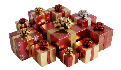Obraz premium Pile of assorted red and gold christmas gift boxes with ribbons and bows isolated on transparent background