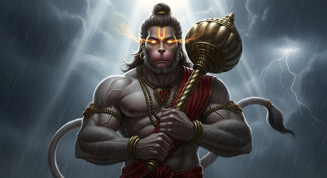 Cinematic Illustration of Lord Hanuman with Golden Gada Standing in Stormy  Sky and Lightning