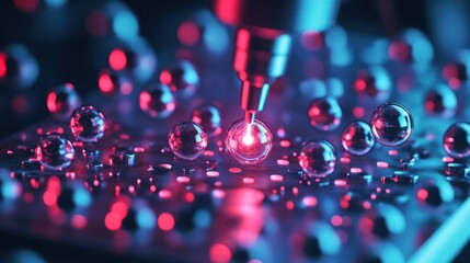 An atomic force microscope arranging individual atoms into a perfect lattice, the probe tip emitting a faint beam of light as it precisely places each glowing sphere, 