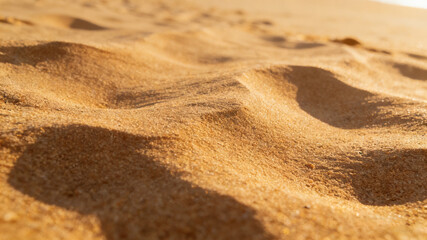 Golden beach sand with natural wave patterns and subtle shadows, evoking a serene coastal tranquility.