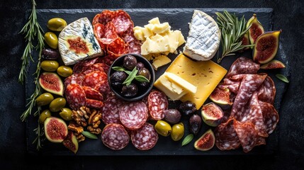 An elaborate charcuterie and cheese board on a dark slate platter, featuring a variety of artisanal cheeses, cured meats, olives, figs, and nuts, gourmet food styling, dramatic lighting, rich colors, 