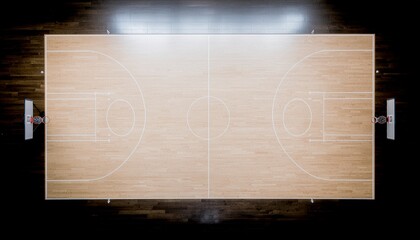 Top down view of a basketball court with clean white tactical lines and arrows illustrating player movement, minimalistic design, dark hardwood background, professional coaching diagram style, high