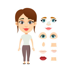 Woman character constructor cartoon woman face parts creation spare parts spares head animation body part vector illustration. Vector illustration
