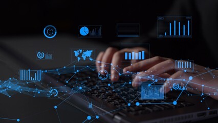 Close-up of hands typing on a keyboard with an overlay of graphs and data visualizations, representing business and financial technology insights in a digital workspace. Xenic