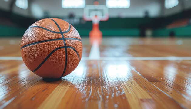 Closeup of an orange basketball resting on polished hardwood court, visible wood grain texture, soft spotlight lighting, shallow depth of field, clean sports wallpaper aesthetic - Powered by Adobe
