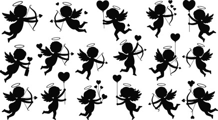 Black cupid silhouette set with angel wings holding bow and heart balloons isolated on white background for romantic Valentine decoration,