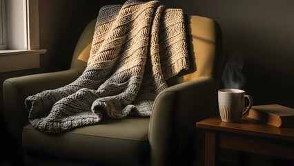 Cozy Armchair with Warm Blanket and Steaming Beverage by Window Light