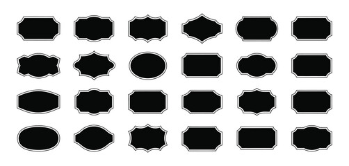 Black decorative label silhouettes and vintage frame shapes featuring retro outline badges, ornate geometric borders, empty tag design graphics, and elegant royal crest shield emblems.