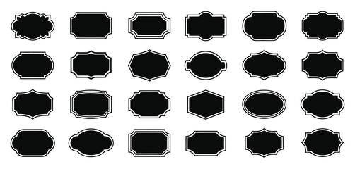 Black decorative label silhouettes and vintage frame shapes featuring retro outline badges, ornate geometric borders, empty tag design graphics, and elegant royal crest shield emblems.