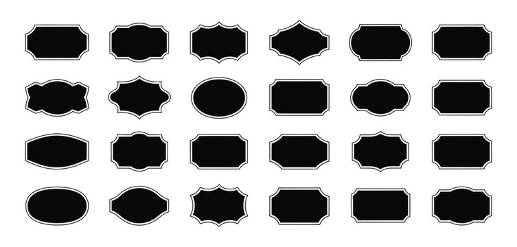 Black decorative label silhouettes and vintage frame shapes featuring retro outline badges, ornate geometric borders, empty tag design graphics, and elegant royal crest shield emblems.