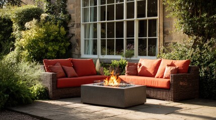 Outdoor Fire Pit with Colorful Sofas in English Country Garden