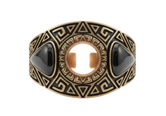 Ornate ancient greek style bronze cuff bracelet with black onyx stones isolated on transparent background fashion jewelry accessory