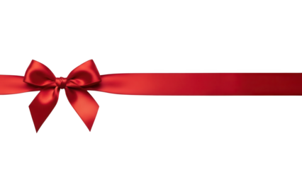 Elegant red satin bow tied around a horizontal ribbon isolated on a clean black background, perfect for festive gift presentations and sales promotions.