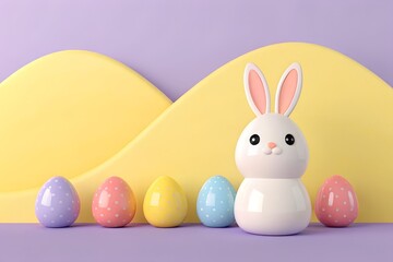 Vertical 3D render. Stylized cute 3D bunny and colorful glossy eggs floating at the bottom