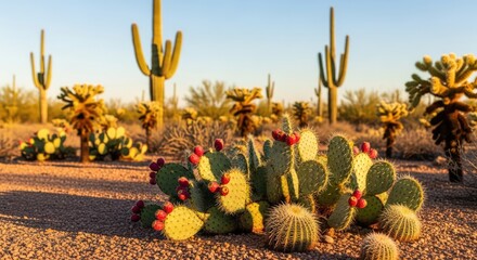 A desert landscape with cacti and cholla cacti in the foreground, with a clear blue sky in the background.
