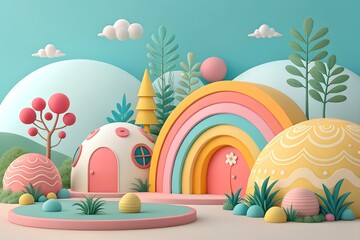 Whimsical Pastel Easter Landscape with Rainbow and Egg Houses