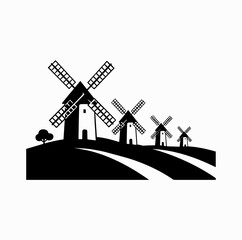 Windmills of La Mancha Silhouette &ndash; Don Quixote Spanish Landscape Vector