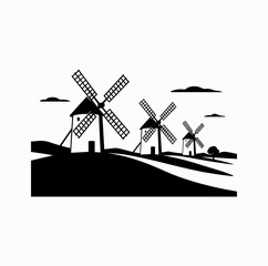 Windmills of La Mancha Silhouette &ndash; Don Quixote Spanish Landscape Vector