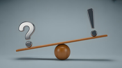 Decision making balance showing question and exclamation marks symbolizing choices and solutions