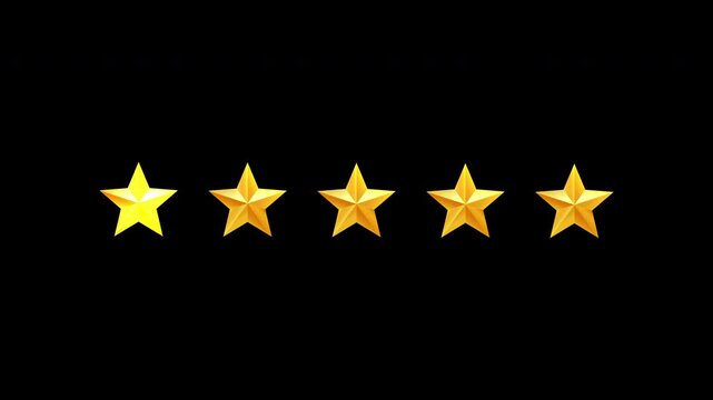 Five stars rating animation. Five gold star icons shimmer on black background. Suitable for websites, reviews, customer ratings, feedback, quality benchmarks, and excellence awards.