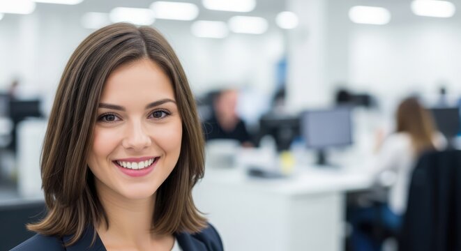 A smiling businesswoman in an office setting. - Powered by Adobe