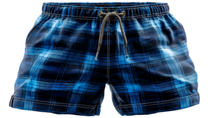 Blue plaid swim shorts with drawstring and cuffed hem for active beachwear and summer vacation wardrobe, showcasing textured fabric and vibrant colors.