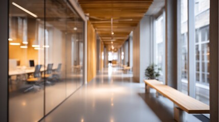 Obraz premium Office hallway with contemporary architecture and soft lighting