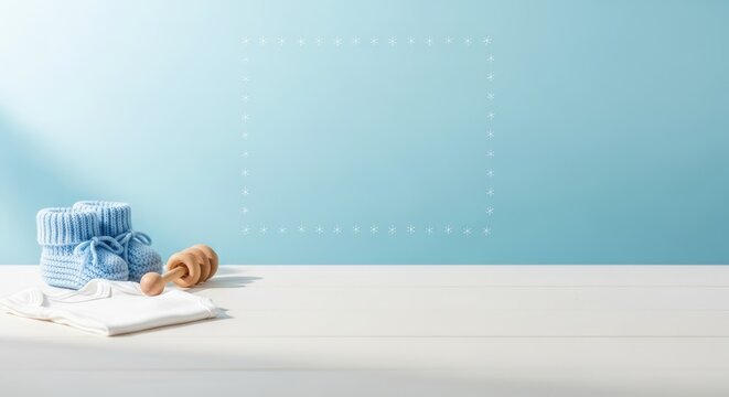 Blue baby booties and rattle on a white table against a blue background.