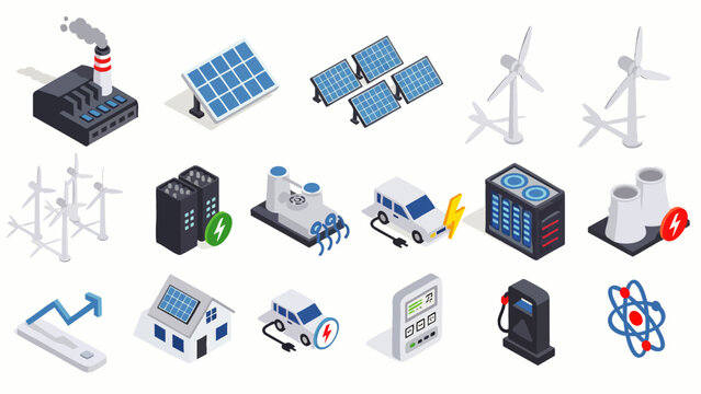 Set of isometric icons representing renewable and alternative energy sources and related technologies