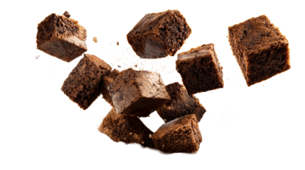 Delicious chocolate brownies frozen in motion against a clean white background, perfect for food advertising and dessert themes