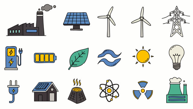 Set of colorful icons representing renewable and non-renewable energy sources and technologies