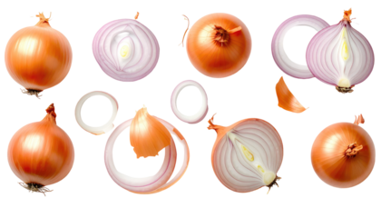 Assortment of fresh onions, whole, sliced, and peeled, on a stark black background. Culinary staple in various preparations