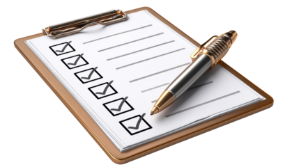 Closeup of a clipboard with a checklist and a pen, ready for tasks and organization, perfect for business and productivity concepts.